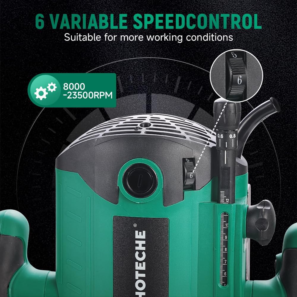Hoteche 2100W Wood Router, 8000-23500RPM, 0-55MM Depth, 1/2' Collet, Aluminum Base with Complete Accessories