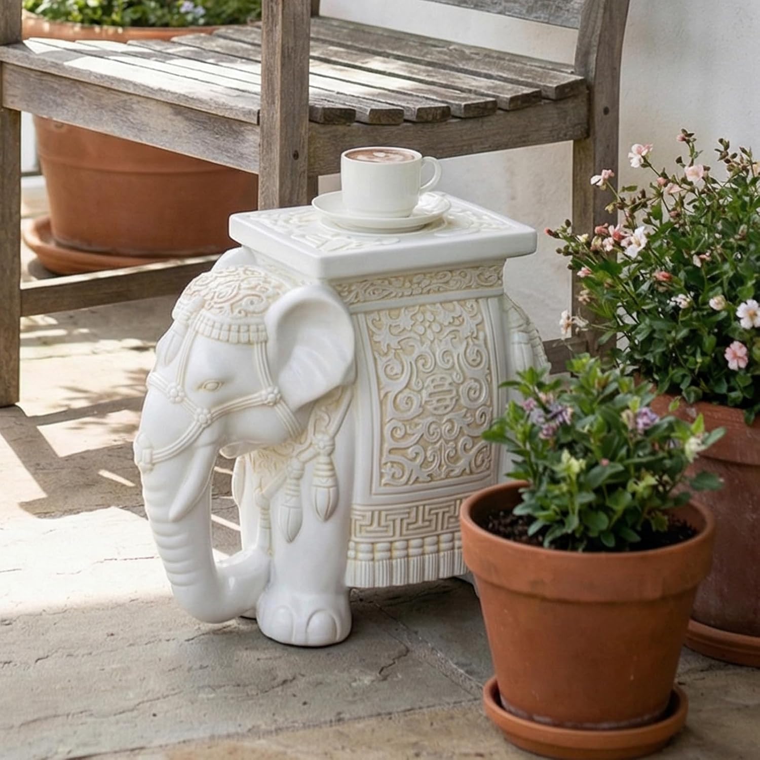Leinuosen Elephant Garden Stool 16.5 Inch - Resin Elephant Side Table & Plant Stand, Indoor Outdoor Decorative Accent Table for Patio Balcony Living Room, Bohemian Home Decor Gift(White Color)