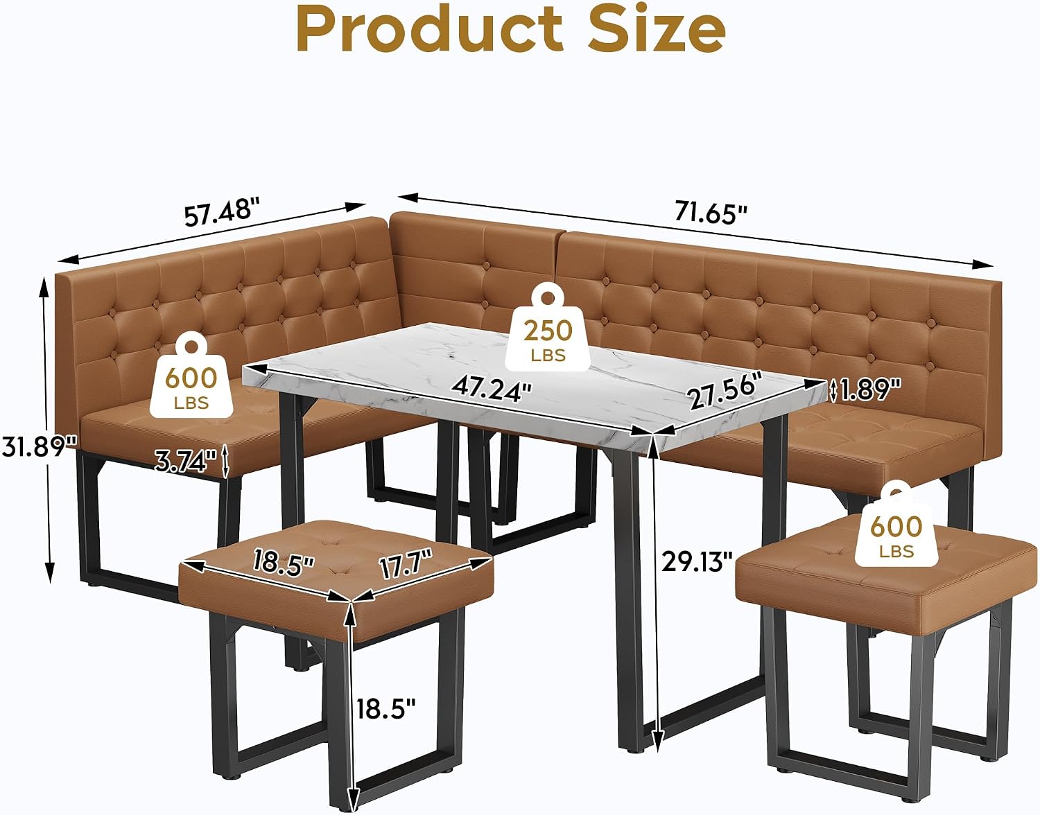 XIAO WEI Corner Dining Table Set for Small Spaces, 72 Inch Breakfast Nook with Storage Banquette, 5 Piece Dining Set with Upholstered Bench, Modern Caramel Brown