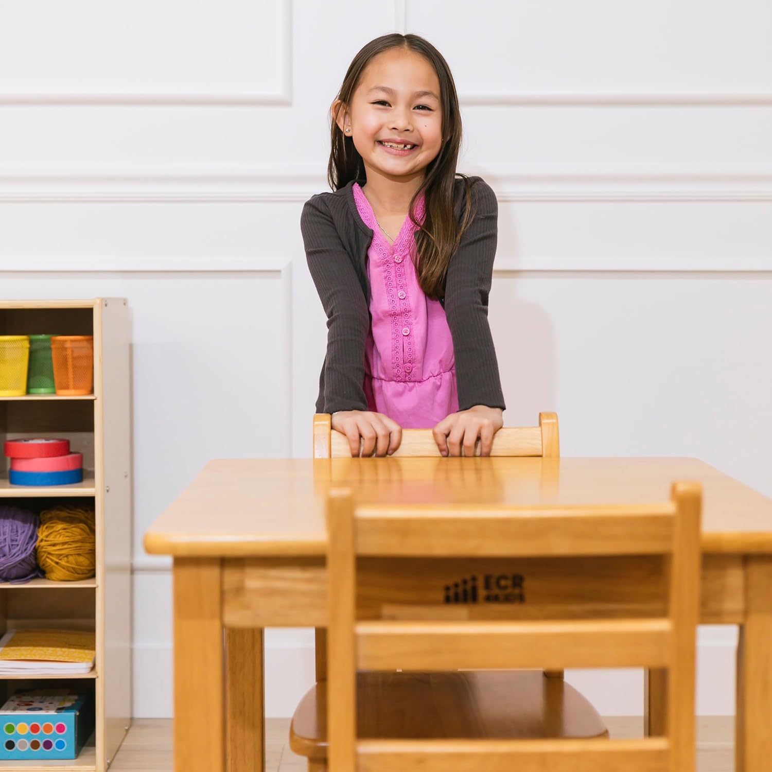ECR4Kids 24in x 24in Square Hardwood Table with 24in Legs and Two 14in Chairs, Kids Furniture, Honey, 3-Piece