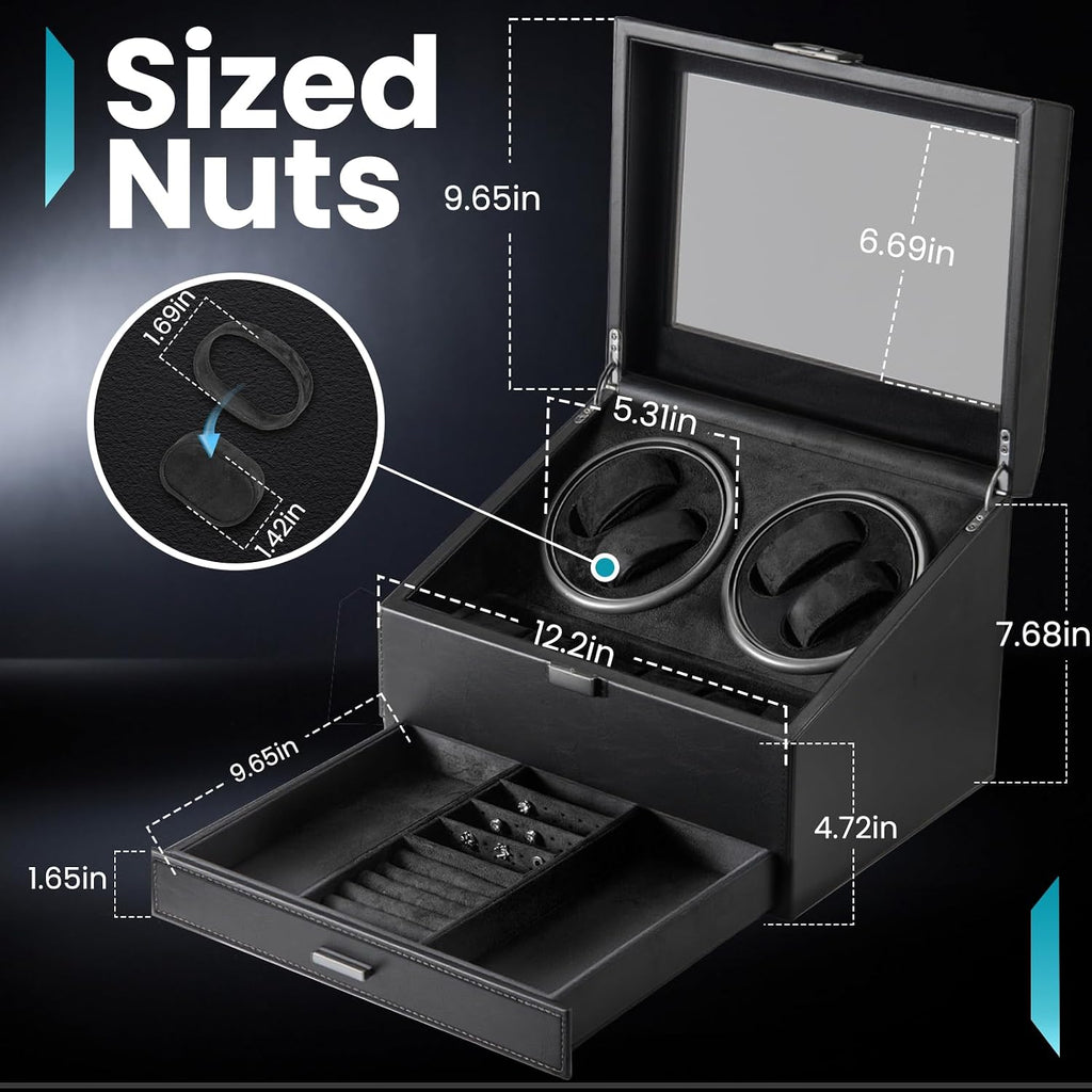 J&T Technology Watch Winder for 4 Automatic Watches, Watch Winder Box with Watch Holders and Jewelry Storage, Quiet Japan-Made Motor,LED Light,Gift for Men & Women