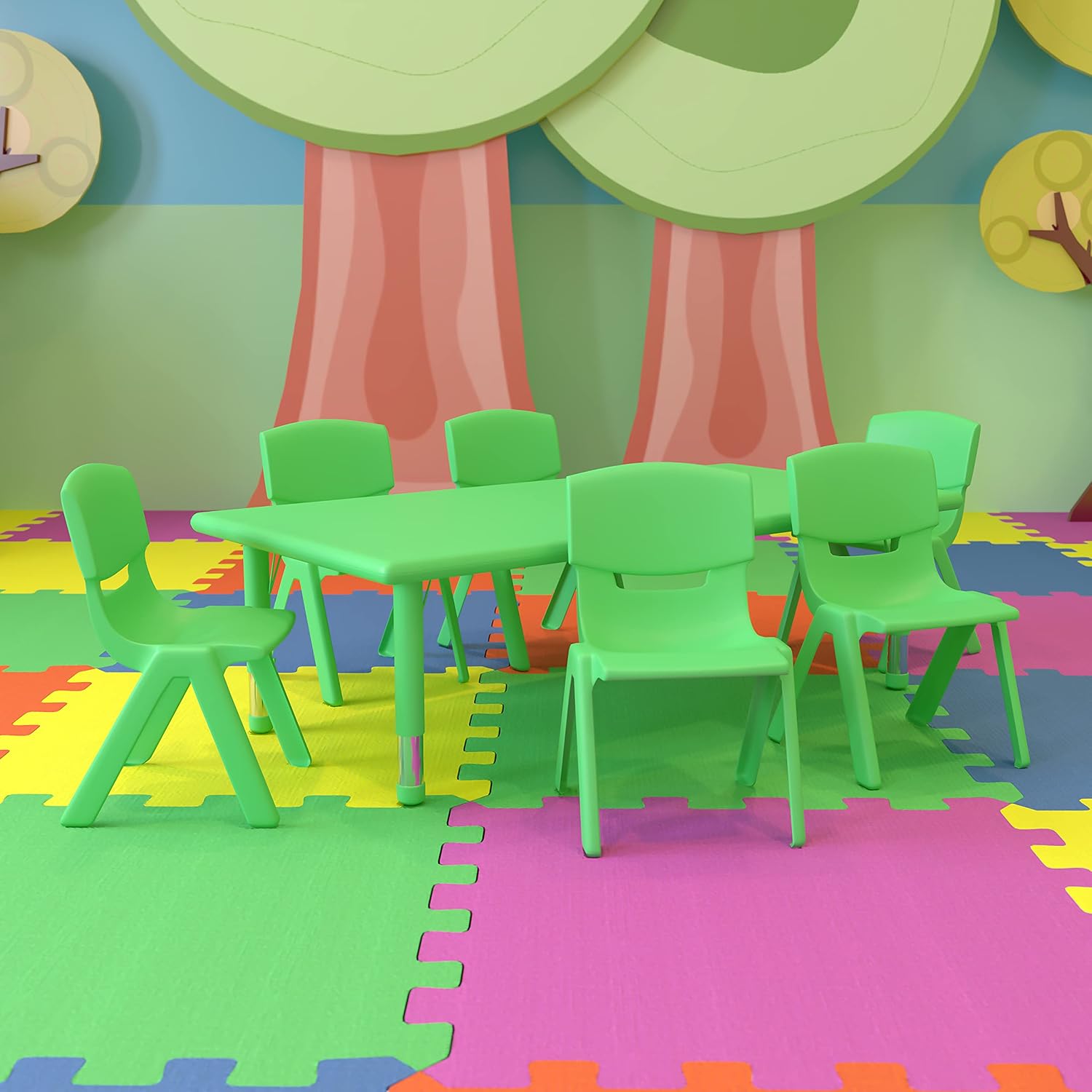 Flash Furniture Emmy 24''W x 48''L Rectangular Green Plastic Height Adjustable Activity Table Set with 6 Chairs