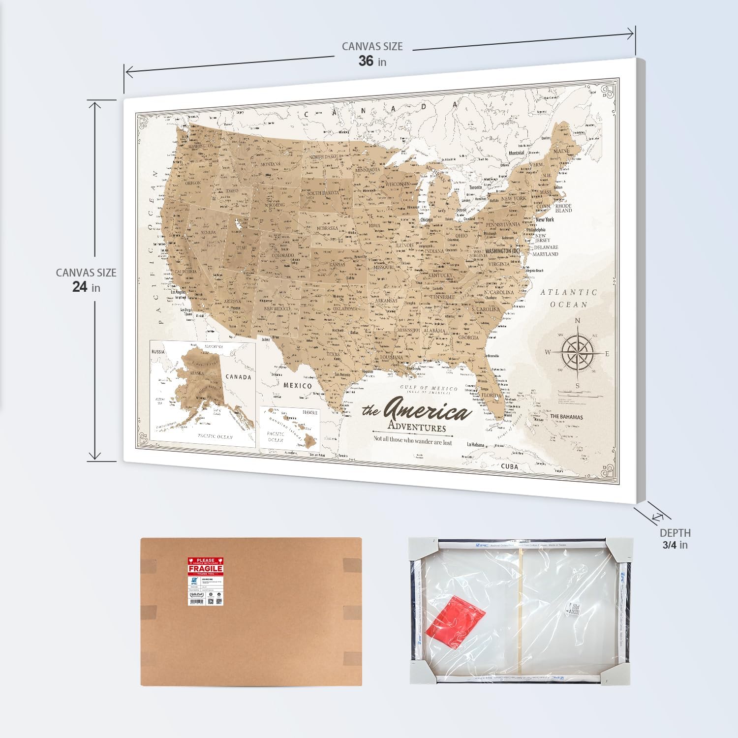 IPIC - Large Vintage Push Pin Travel Map USA, Pin Board Canvas Wall Art, United States Maps for Wall, Giclee Print on Canvas, Handcrafted in USA, 36x24