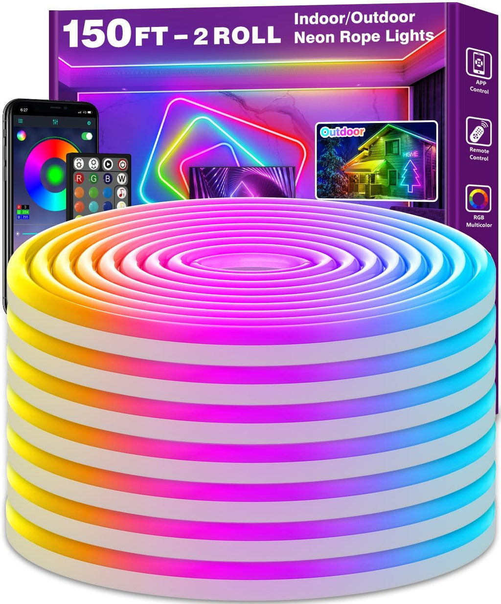 AILBTON 150Ft Neon Rope Lights,Flexible Led Rope Lights Control with App/Remote,Multiple Modes RopeLights,IP65 Outdoor RGB Led Neon Lights NonWater Resistant,Music Sync Gaming Led NeonLight Strip