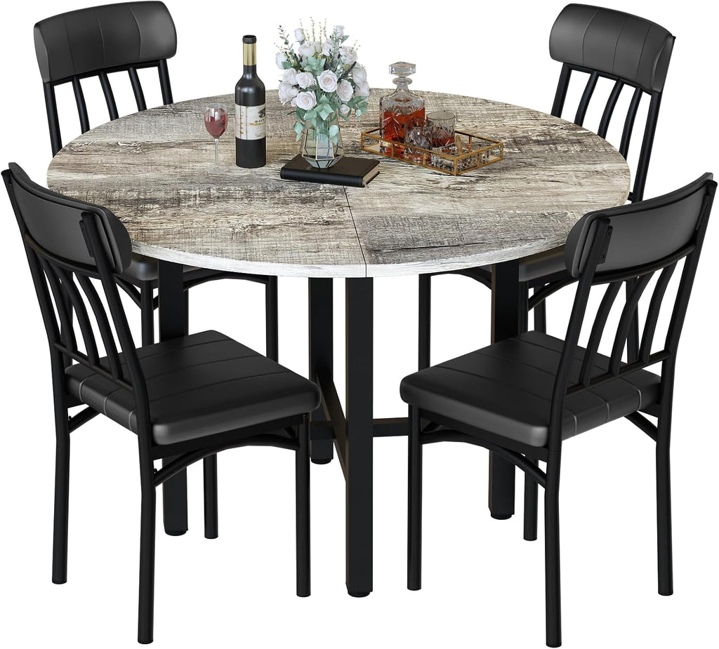 AWQM Round Dining Table Set for 4, Wood Circle Kitchen Table and Chairs Set for 4, Modern Dining Room Sets with 4 Faux Leather Chairs, Round Dinner Table for Small Space, Grey