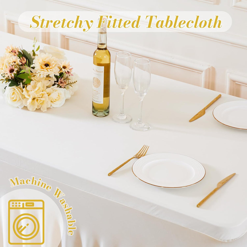 Besutolife 8 Pack Ivory Spandex Tablecloth for 6ft Rectangle Tables Fitted Table Cloth Stretch Table Covers Skirt 6ft Rectangular Tablecloths for Banquet Parties Wedding Decorations