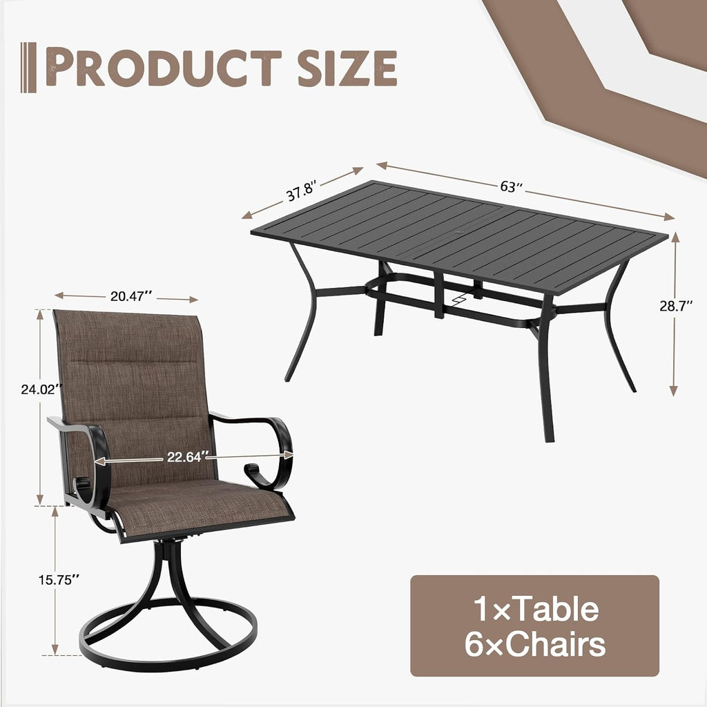 MELLCOM 7-Piece Outdoor Dining Set, 6 Swivel Rocker Chairs with High Back Textilene & Rectangular Metal Dining Table with Umbrella Hole, Patio Furniture Set for Porch, Deck, Brown