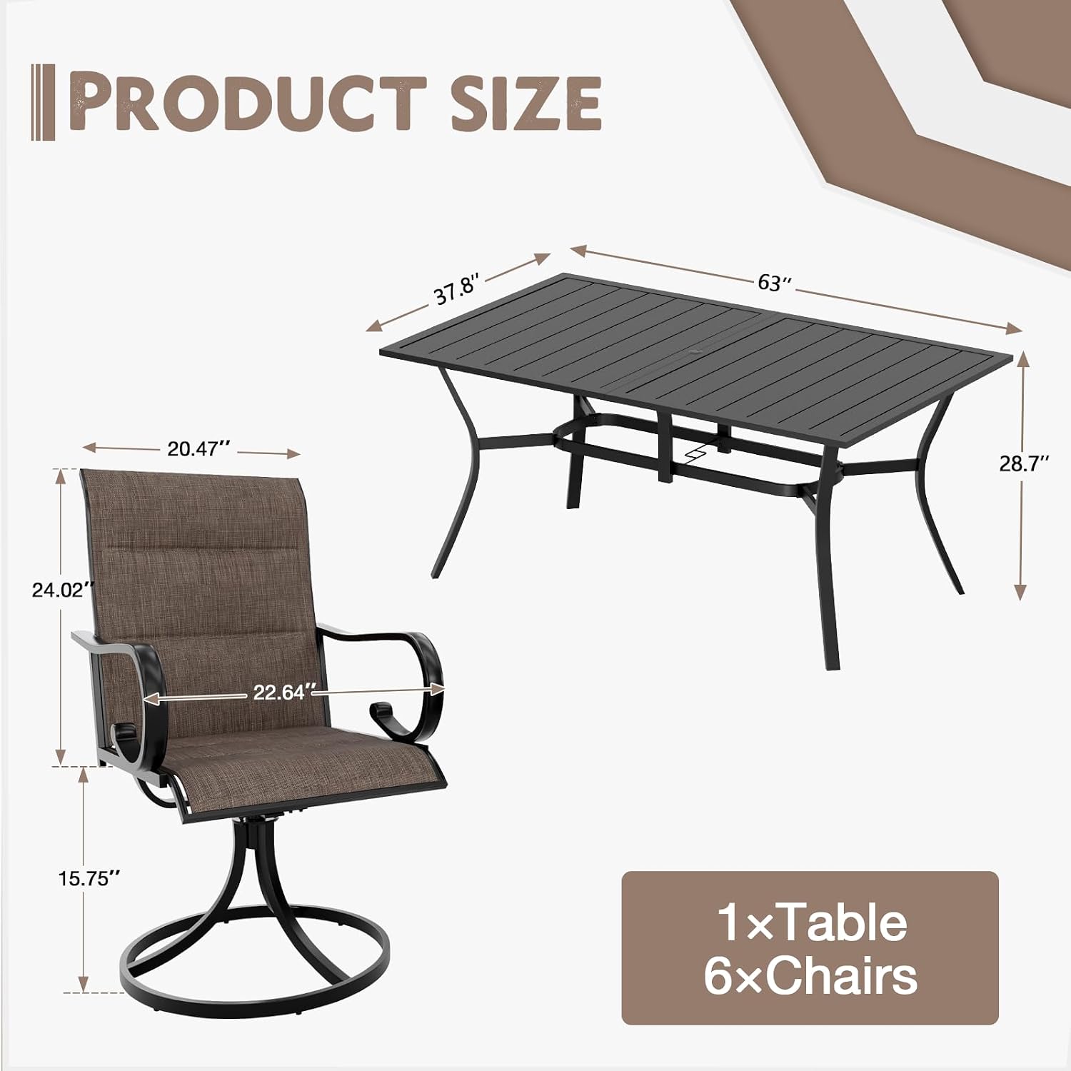 MELLCOM 7-Piece Outdoor Dining Set, 6 Swivel Rocker Chairs with High Back Textilene & Rectangular Metal Dining Table with Umbrella Hole, Patio Furniture Set for Porch, Deck, Brown