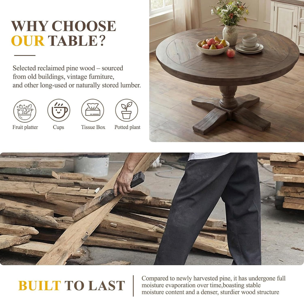 60' Round Dining Table, Reclaimed Wood Kitchen Table for 6-8 Farmhouse Circle Kitchen Table with Pedestal Curved Leg for Kitchen Dining Room Restaurant - Weathered Brown