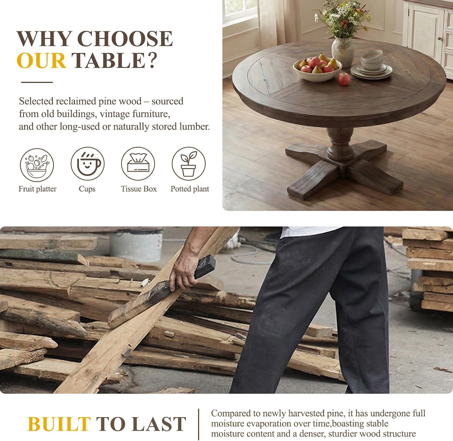 60' Round Dining Table, Reclaimed Wood Kitchen Table for 6-8 Farmhouse Circle Kitchen Table with Pedestal Curved Leg for Kitchen Dining Room Restaurant - Weathered Brown