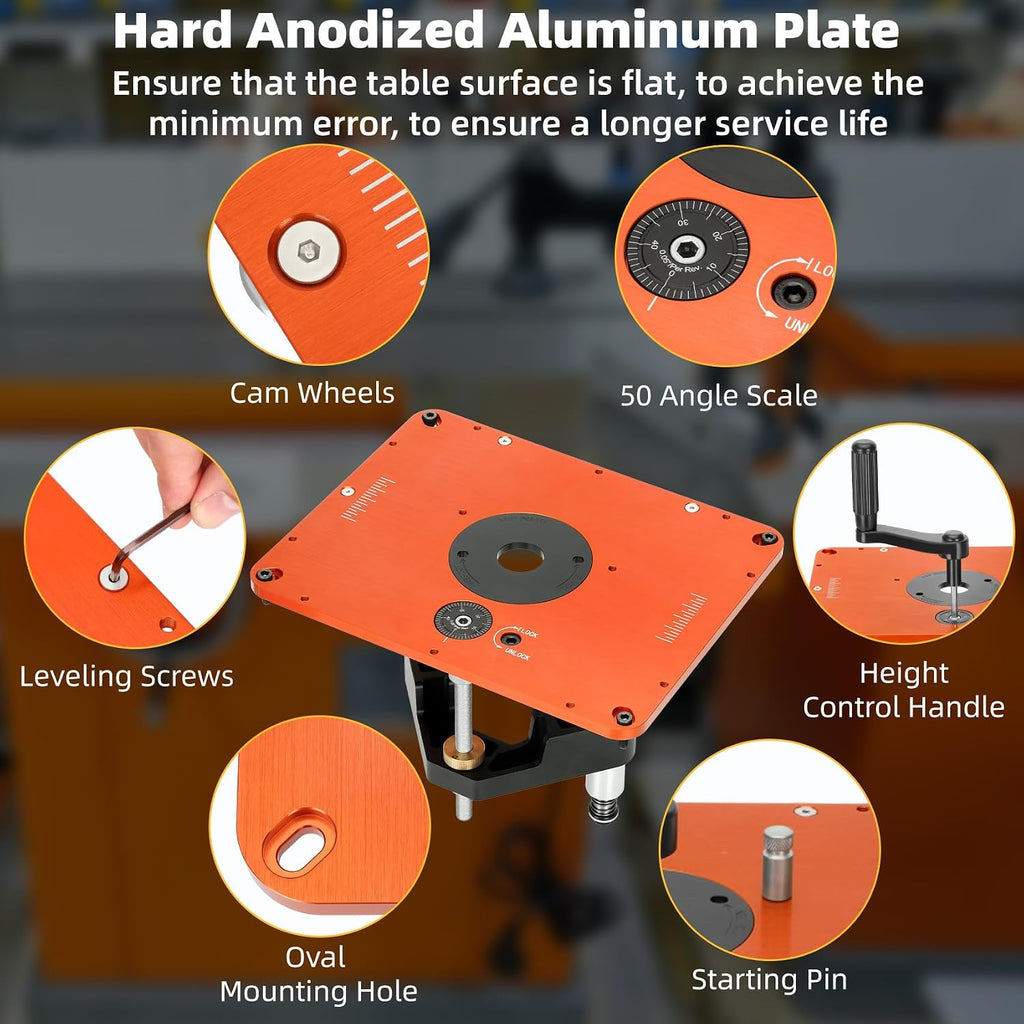 3-1/2' Router Lift System, Precision Router Table Lift for 3-1/2' Diameter Motor, 9-1/4'' x 11-3/4'' Plate 5-Piece Insert Ring Kit Compatible with Bosch, Kreg, Skil, Porter, DeWalt, Craftsman, Ridgid