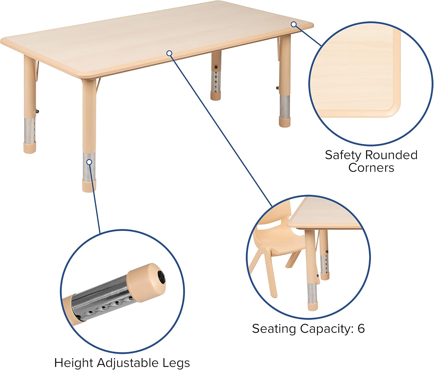 EMMA + OLIVER 23.625' W x 47.25' L Rectangle Natural Plastic Activity Table Set with 6 Chairs