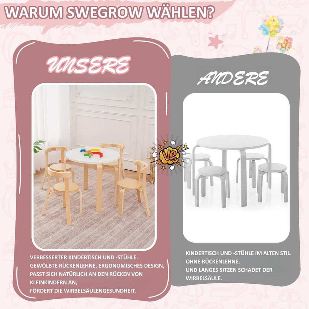 Swegrow Kids Table and 4 Chairs Set, Wooden Table and Chairs for Kids & Toddler，Kid Wooden Furniture for Playroom/Home/Kindergarten
