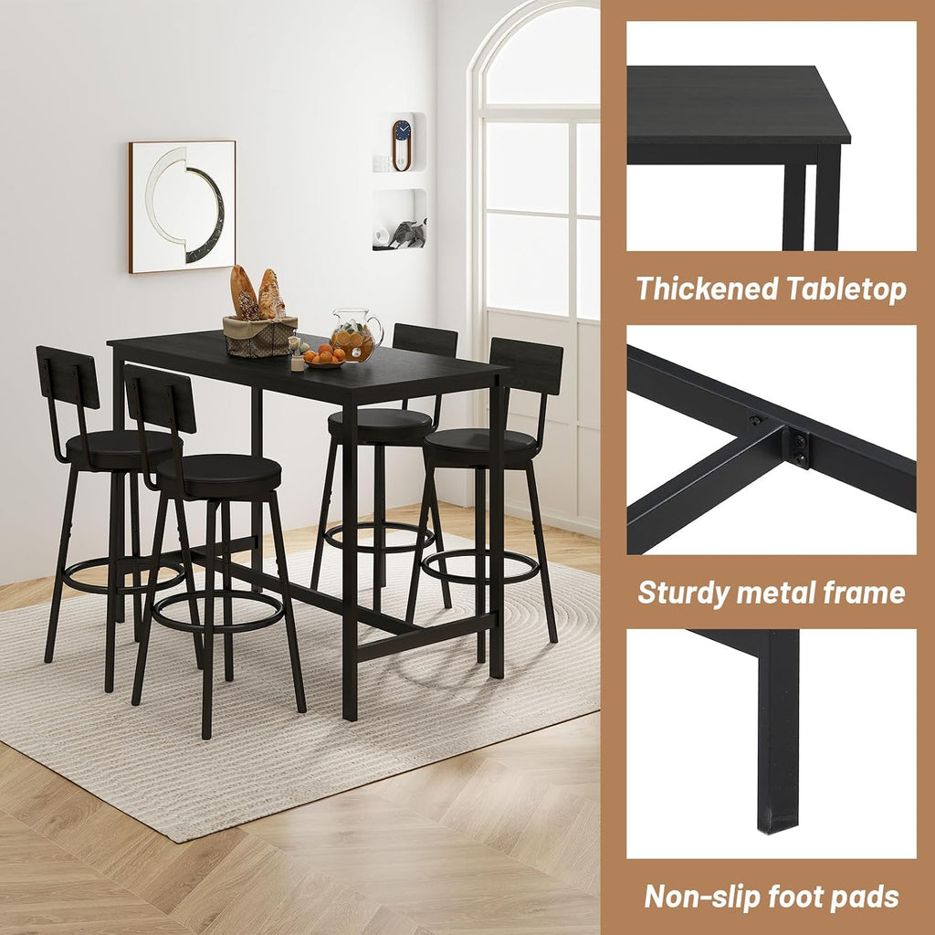 Zevemomo 5-Piece Dining Table Set, Bar Table Set for 4, Kitchen Table and Chairs, Counter Height High Top Table with 4 PU Upholstered Stools, Space-Saving Pub Table Sets for Small Space, Black