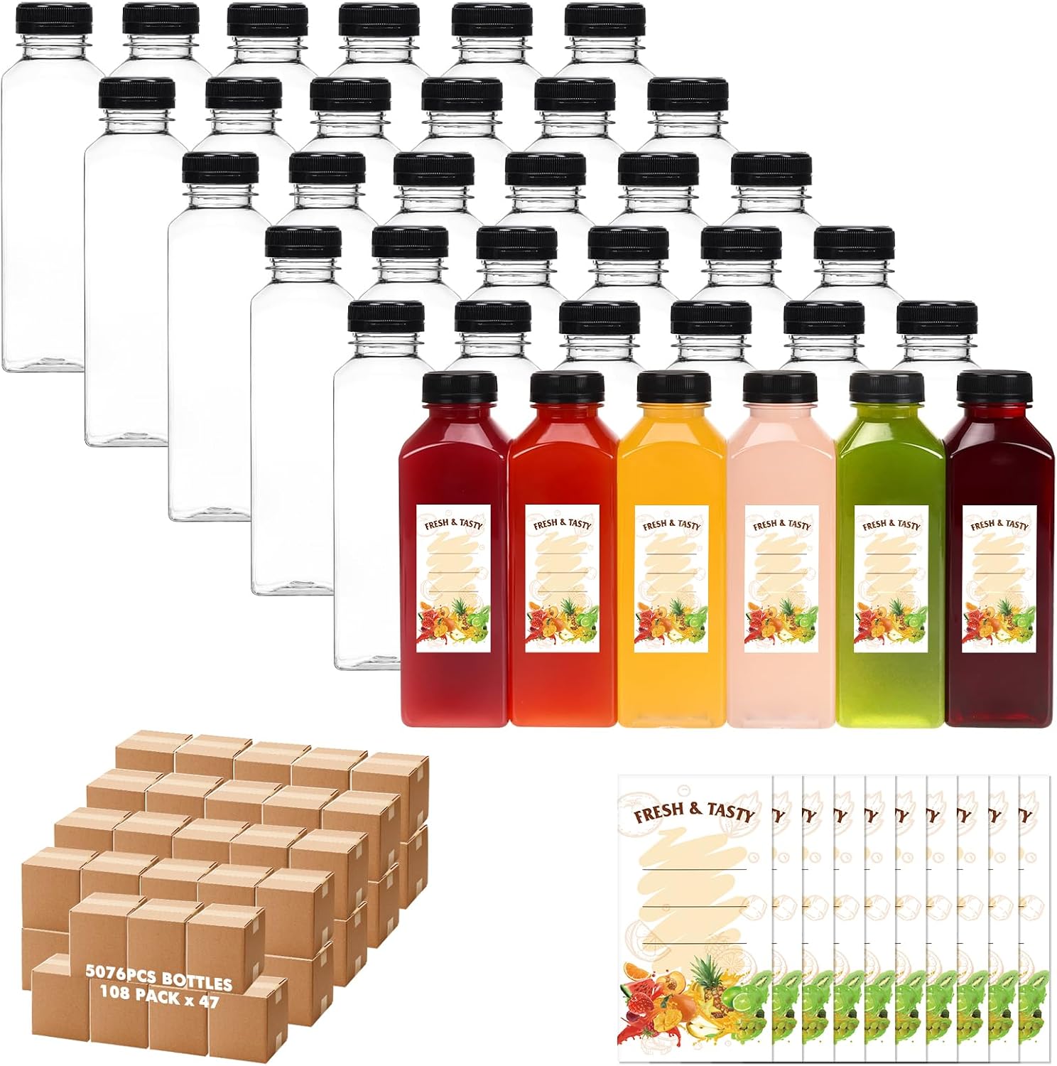 BAKHUK 5076pcs 16oz Empty Plastic Juice Bottles with Caps, Plastic Water Bottles with lids, Reusable Clear Bulk Beverage Containers for Juice, Milk and Other Beverages