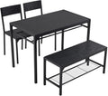 Karl home 4-Piece Dining Table Set for 4, Modern Kitchen Table Chairs Set for Small Space,Apartment, Storage Rack, Rectangular Table, Bench, 2 Chairs, Metal Frame-Retro Black