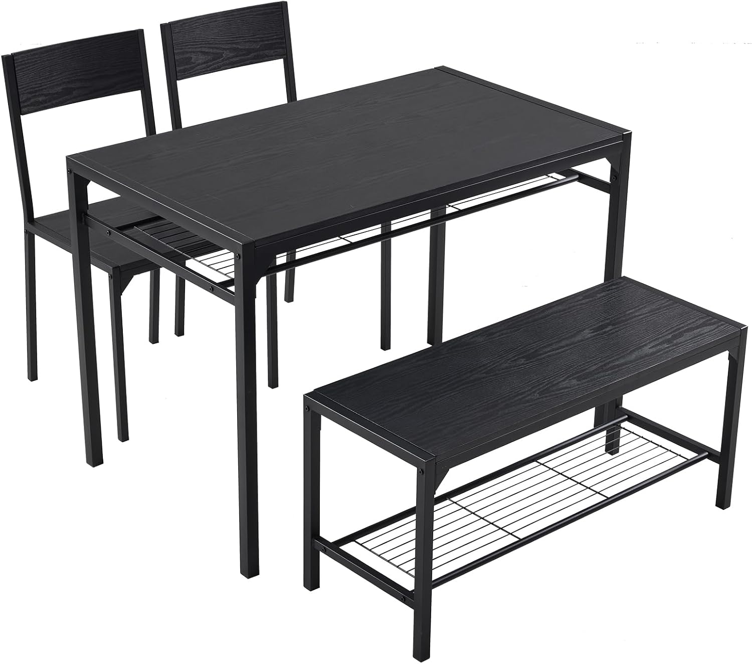 Karl home 4-Piece Dining Table Set for 4, Modern Kitchen Table Chairs Set for Small Space,Apartment, Storage Rack, Rectangular Table, Bench, 2 Chairs, Metal Frame-Retro Black