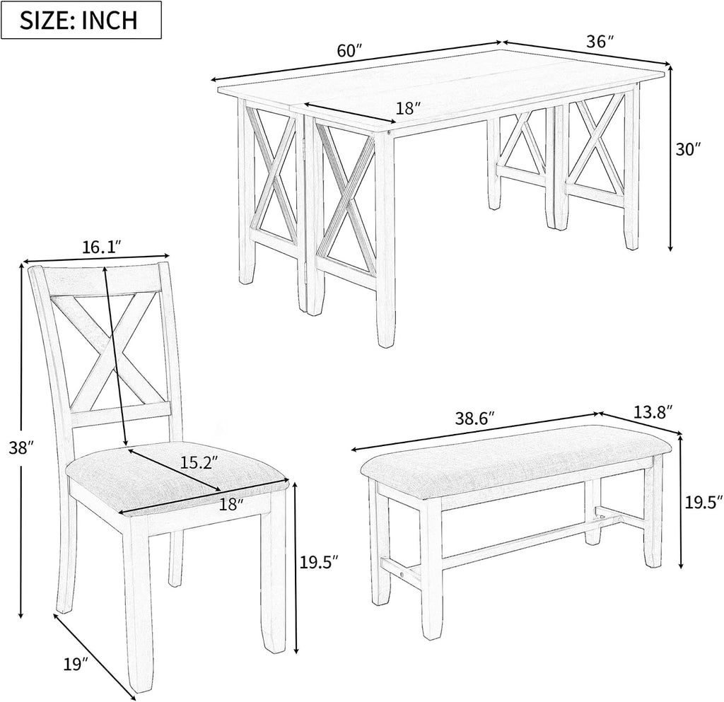 6 Pieces Dining Table Set, Wood Rectangle Table and 4 Chairs with Bench with Cushion, Kitchen Table Chairs Set for 6 Persons (Gray)