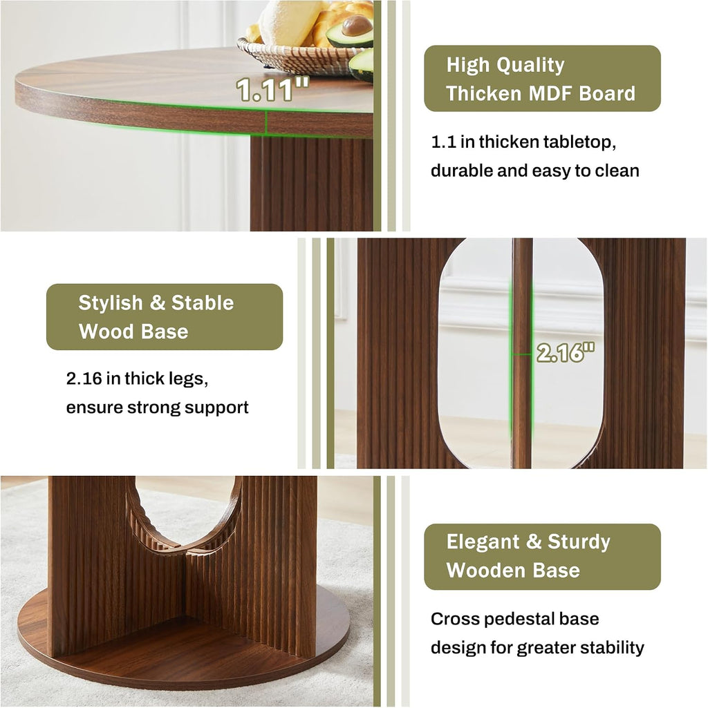 weselon Farmhouse Round Fluted Dining Table for 4, 47 Inch Circle Kitchen Table with Wooden Pedestal Base, Dinner Tables for Home Living Room Kitchen (Walnut)