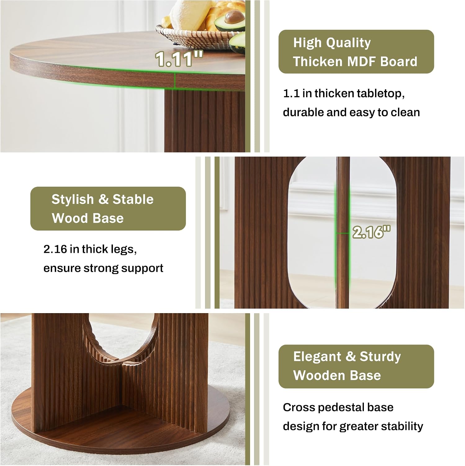 weselon Farmhouse Round Fluted Dining Table for 4, 47 Inch Circle Kitchen Table with Wooden Pedestal Base, Dinner Tables for Home Living Room Kitchen (Walnut)