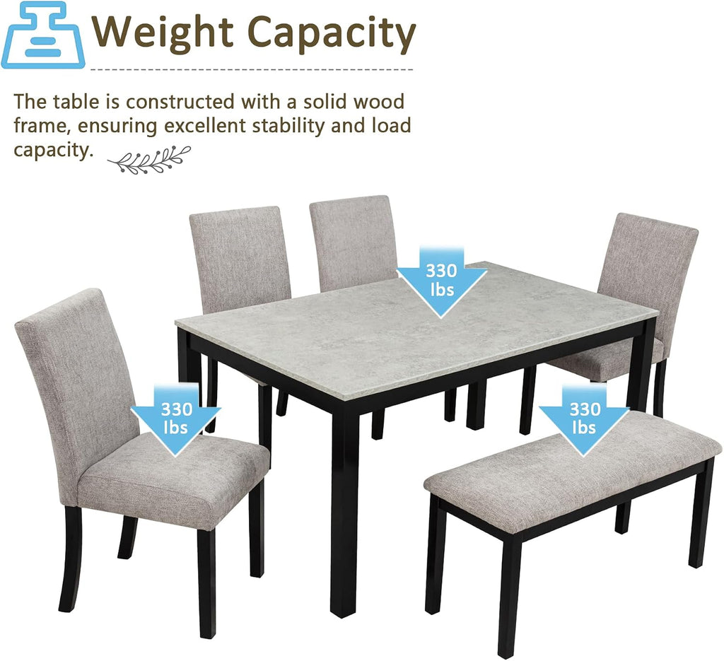 KEIKI 6-Piece Standard Height Dining Table Set with Rectangular Table, 4 Upholstered Curved Backrset Chair, Bench, for 6 Person, Modern Table Set, Easy Assembly, for Kitchen, Dining Room, Black+Gray