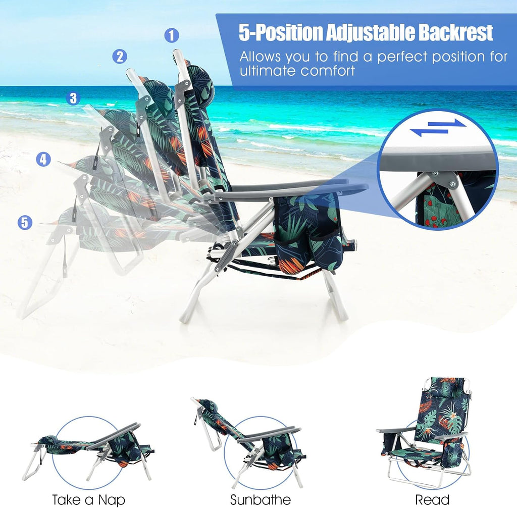 Tangkula Backpack Beach Chair with Table, 5-Position Lay Flat Chairs with Cooler Bag, 2 Cup Holders, Towel Bar, Lightweight Low Folding Chair with Backpack Straps