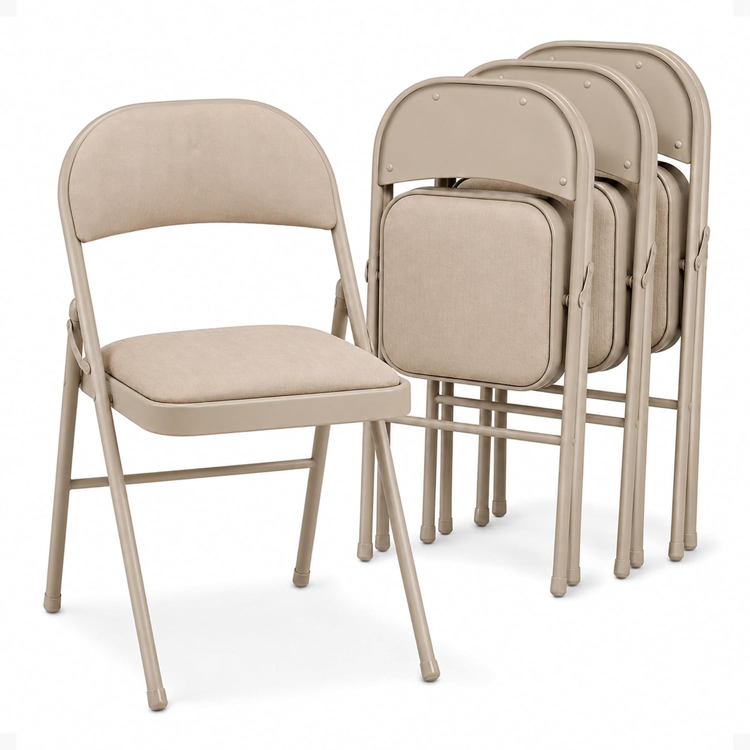 MECO 4 Pack Padded Folding Chairs, Cushioned Sand Fabric Foldable Chair, Buff