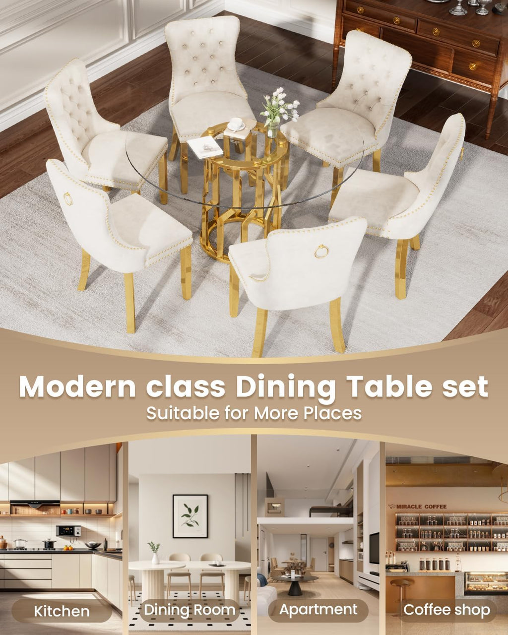 47.2' Round Glass Dining Table Set for 6, Modern 7 Piece Dining Room Table with 6 Velvet Accent Chairs, Tempered Glass Top with Golden Stainless Steel Legs, Round Kitchen Table Set for Home - Beige