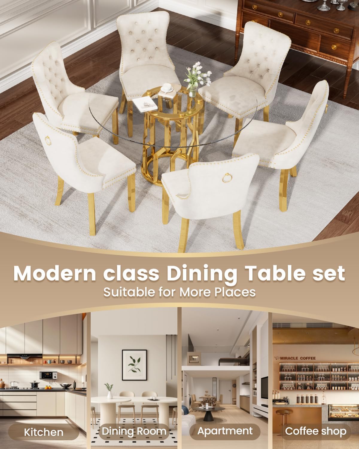 47.2' Round Glass Dining Table Set for 6, Modern 7 Piece Dining Room Table with 6 Velvet Accent Chairs, Tempered Glass Top with Golden Stainless Steel Legs, Round Kitchen Table Set for Home - Beige