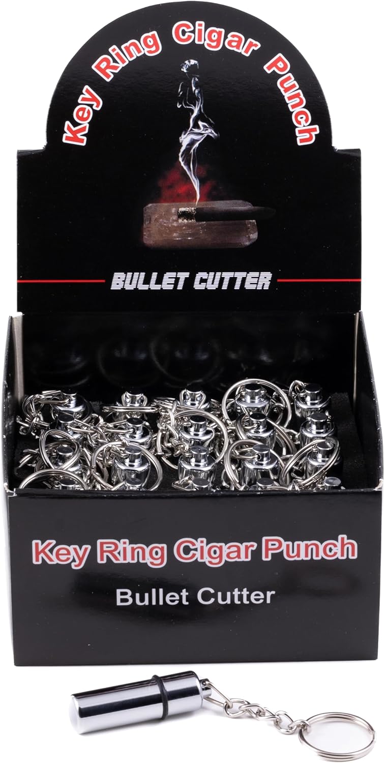 Prestige Import Group - Keyring Bullet Cigar Punch Cutter - 25 Pieces in Display Box - Color: Chrome Silver