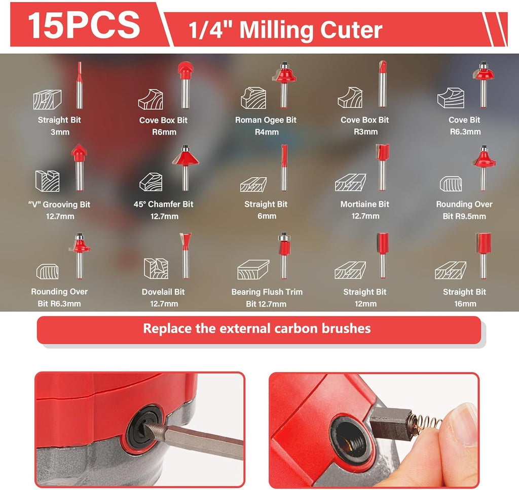 Brushless Router Trimmer, Electric Hand Palm Router, with 15Pcs Router Bits, Maximum Speed 13000-33000rpm, Fine Depth Adjustment, for Woodworking, Slotting
