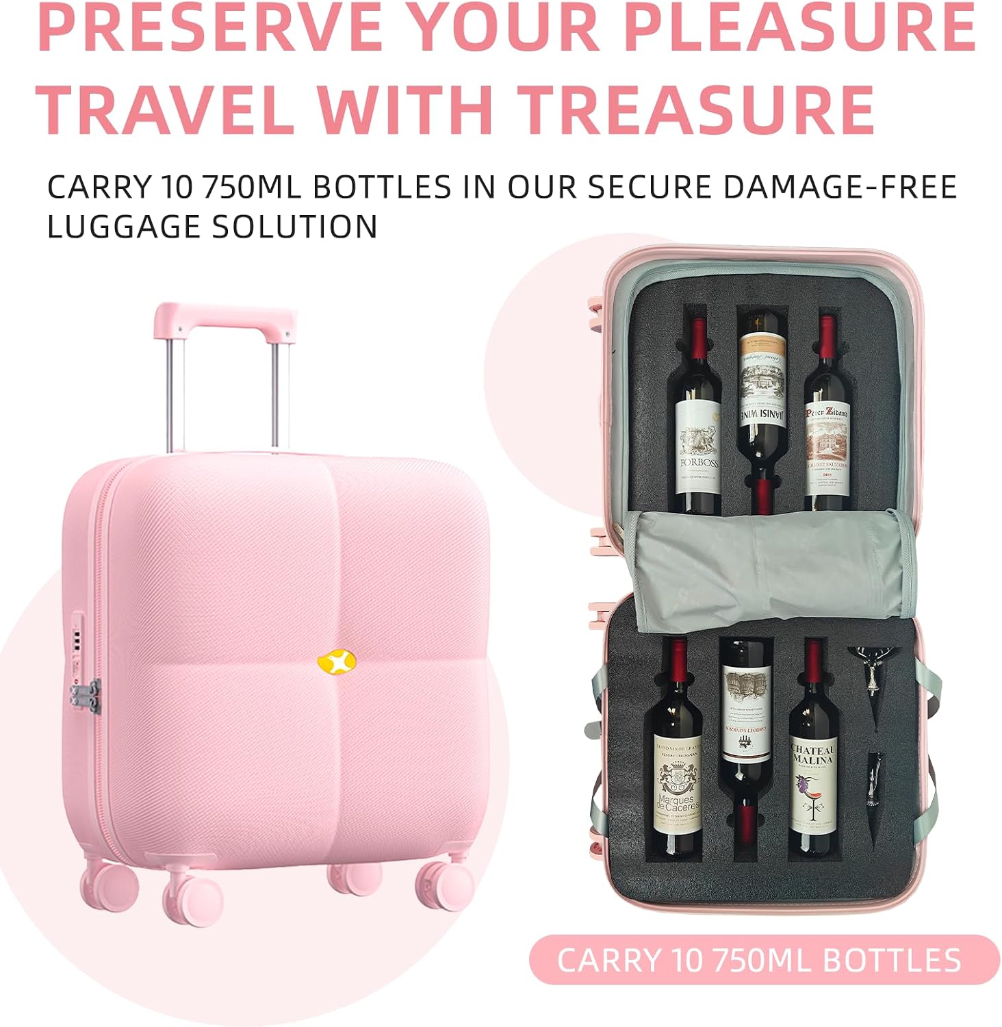 Wine Suitcase - 6 Bottle Travel Case with TSA Lock, Removable Inserts and Silent Spinner Wheels