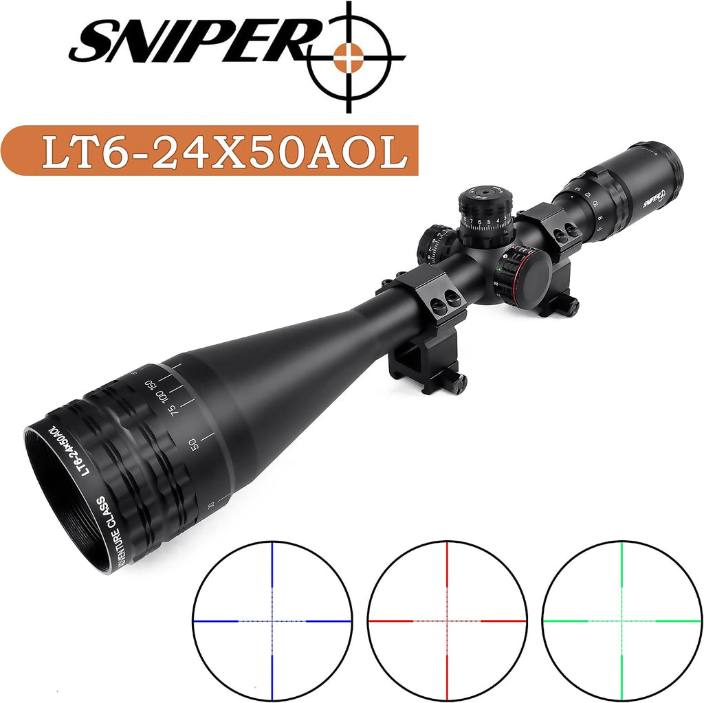 FSI Rifle Scopes 4-16x50 / 6-24x50 /4-12x50 w/Front AO Adjustment, Red/Blue/Green Illuminated Reticle with Picatinny Scope Rings