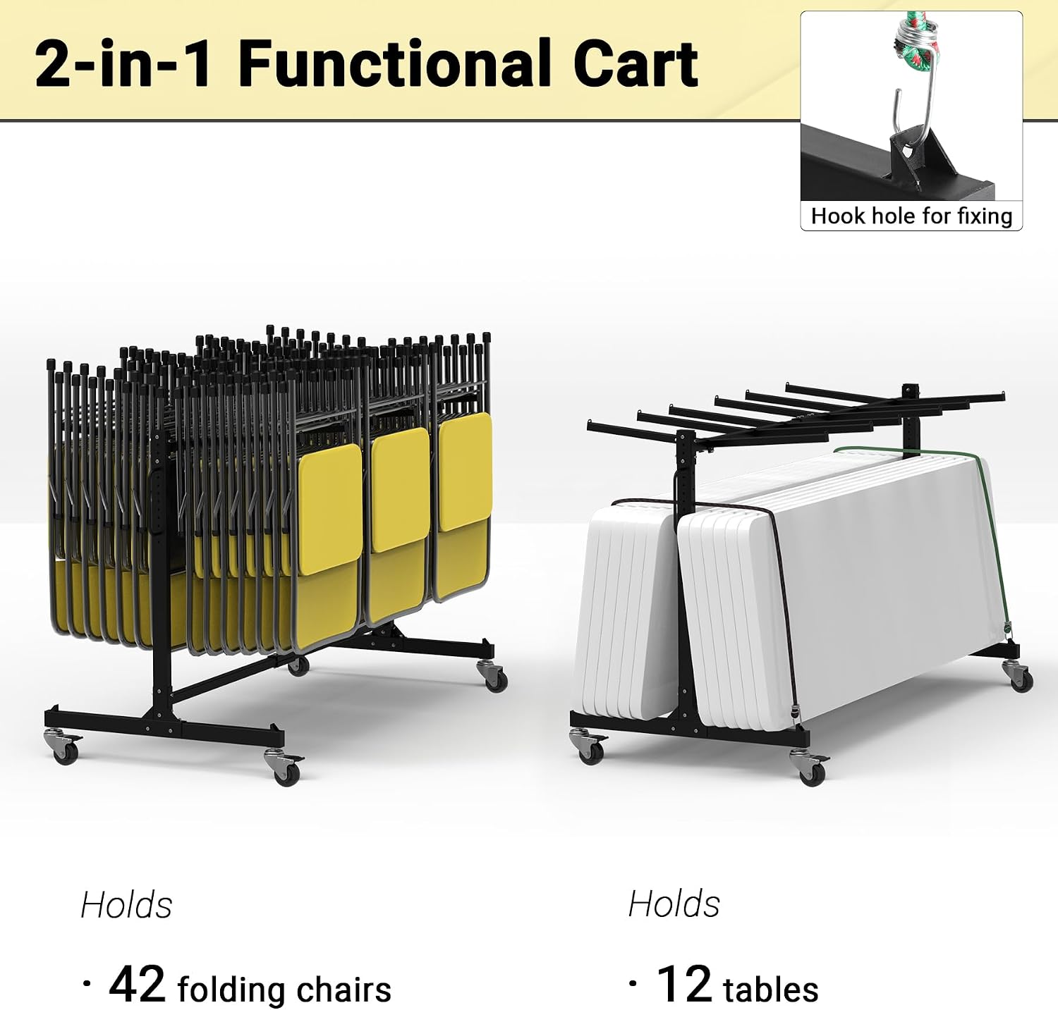 Folding Chair Rack, Heavy-Duty Folding Chair Cart with Swivel Wheels, 600 LBS Capacity for 12 Tables or 42 Chairs, Chair and Table Cart w/Dust Cover and 2 Binding Ropes, 72'L x 33'W x 42'H