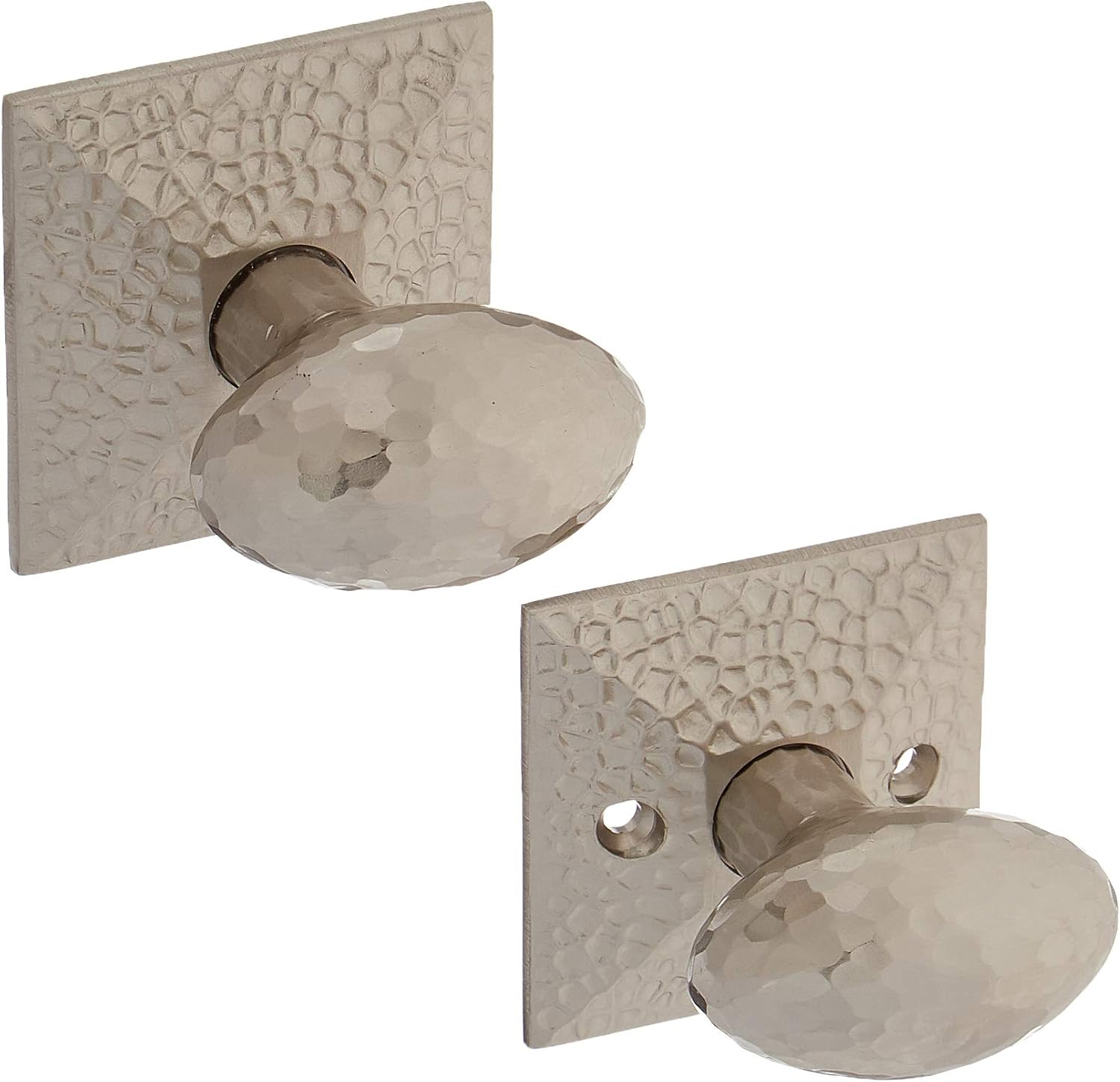 Mission Style Rosette Set with Hammered Egg Knobs Passage in Satin Nickel. Traditional Door Knobs.