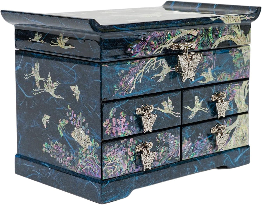 February Mountain Mother of Pearl Wooden Jewelry Organizer Box – Jewelry Storage Box for Women, Features Spacious Drawers, Ideal for Rings, Bracelets, Watches, Chains, Accessories (Crane_Blue)