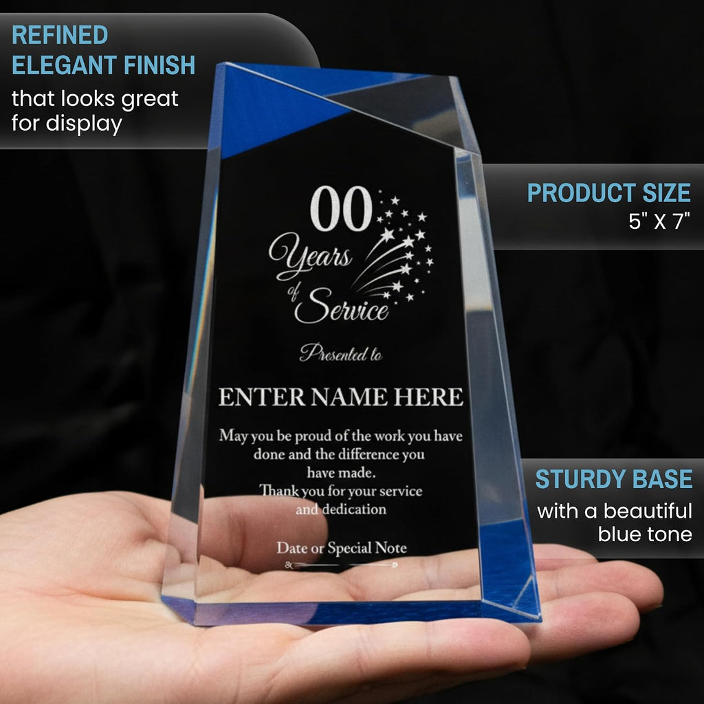 Personalized Acrylic Retirement Gifts For Men and Women, Laser Engraved Custom Trophy for Service Recognition, Years Of Service Retirement Trophy Award for Boss, Employee, Teacher (Blue Facet Wedge)