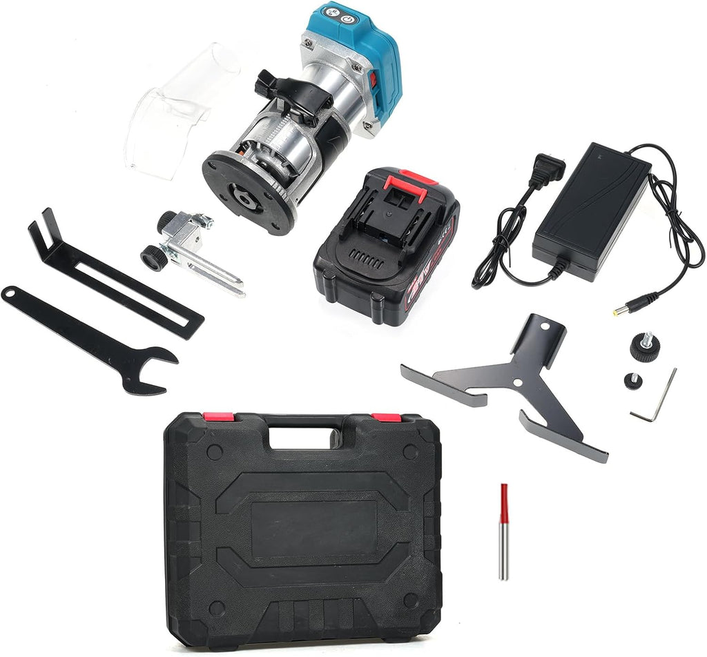 Trim Router with Brushless Motor 6 Variable Speeds 30000 RPM Compact Router for Woodworking with Metal Base Precise Scale Milling Cutter and 4.0Ah Batteries (US Plug & 1 Battery)