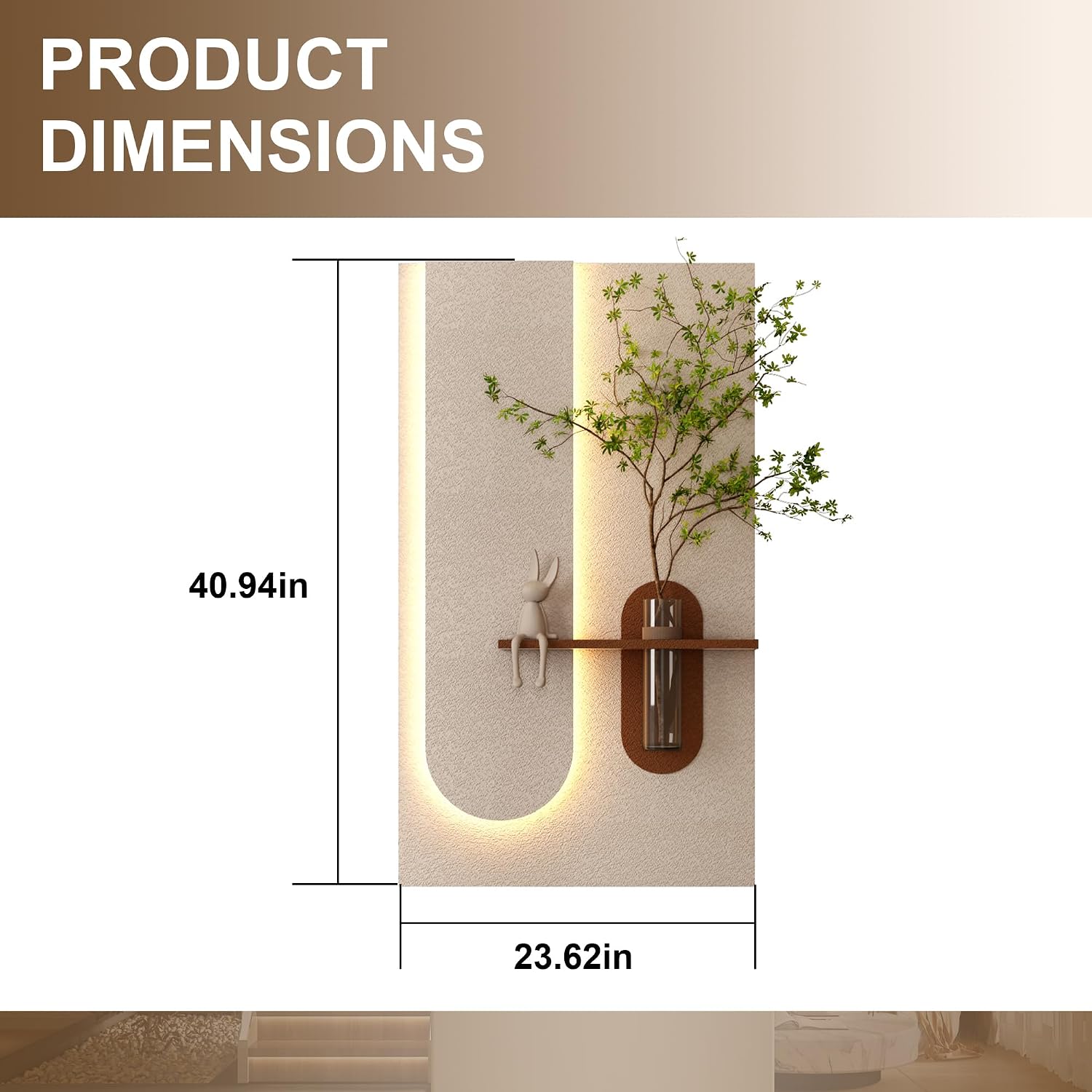 Montary 3D Sandstone Entryway Decor Art Painting, Modern LED Wall Decor Sculpture with Artificial Plants, Glass Vase & Rabbit Statue, Remote Control 3-Color Light for Living Room, Bedroom, Hallway