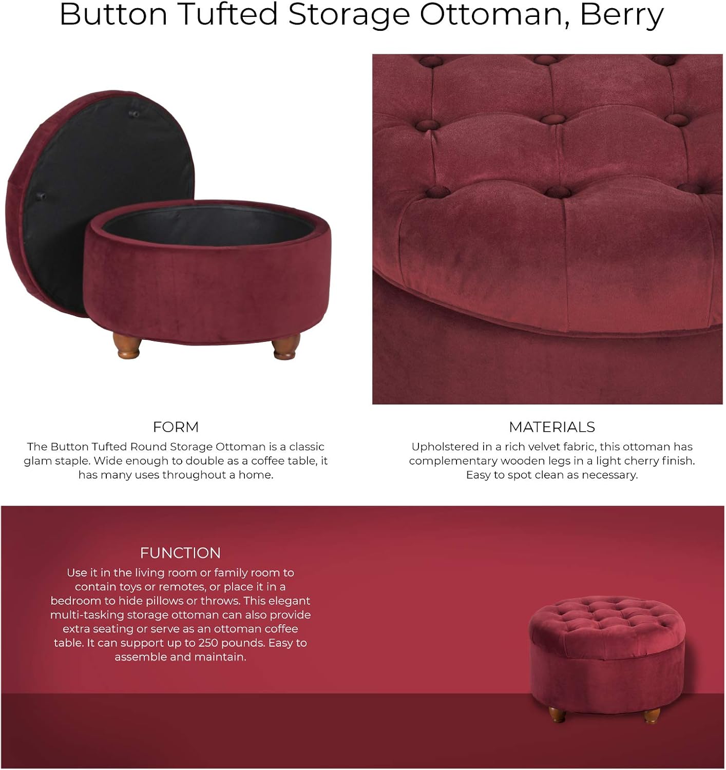 Homepop Home Decor |N8264-B119 | Large Button Tufted Velvet Round Storage Ottoman | Ottoman with Storage for Living Room & Bedroom, Berry