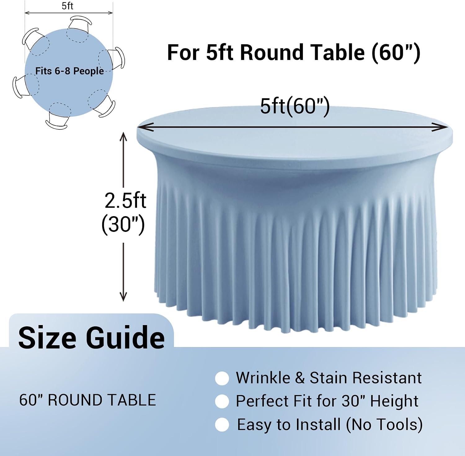 Outpain 6 Pack Dusty Blue Spandex Tablecloth for 60in/5FT Round Tables,Stretchy 120inch Fitted Round Table Cloths, Wrinkle Free Tablecloth with Skirt for Wedding, Graduation & Banquet