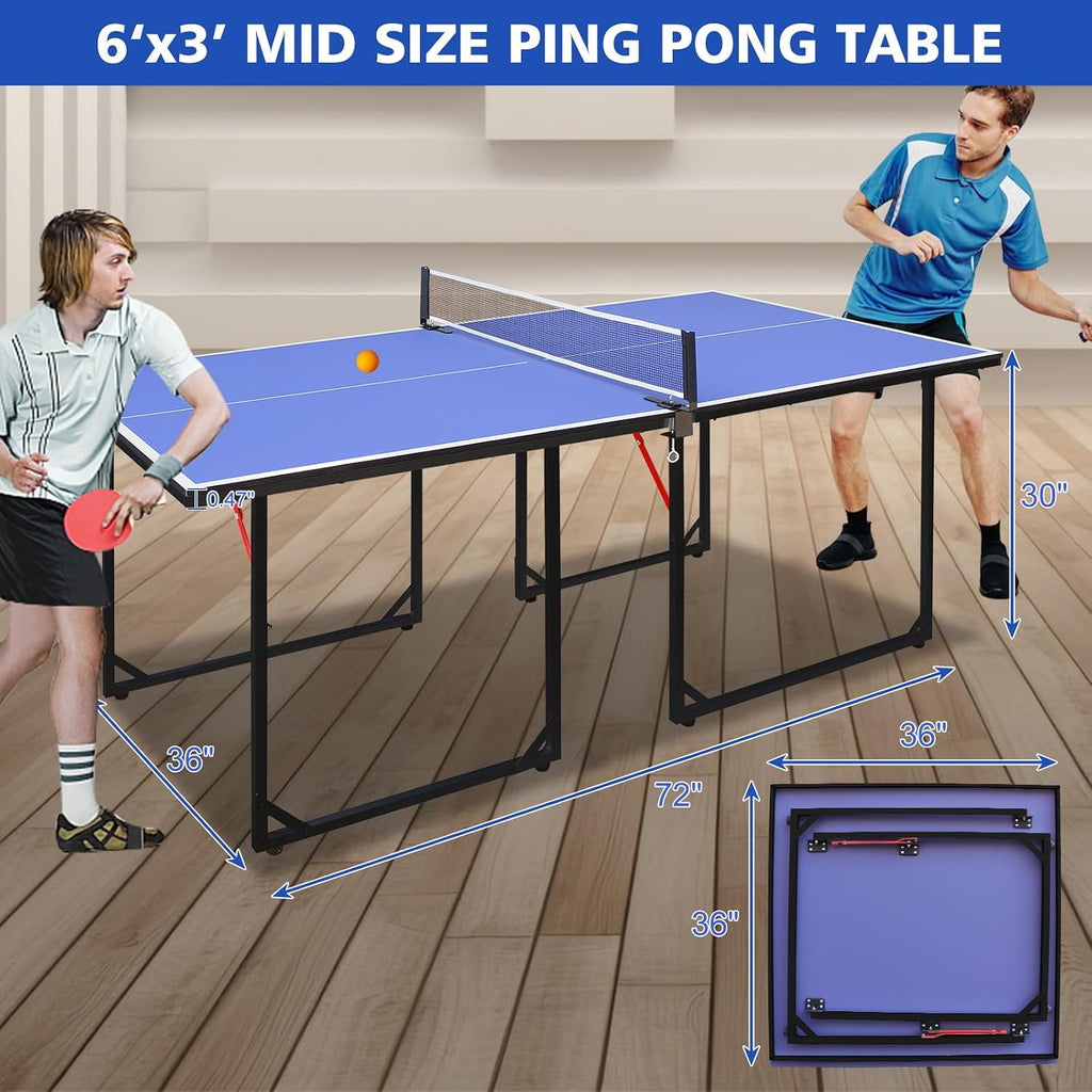 Foldable Ping Pong Table Portable 4.5FT/6FT/9FT Indoor MDF Table Tennis Table Multi-Purpose Family Game Table with Net, 2 Paddles and 3 Balls for Kid Teenager Adult