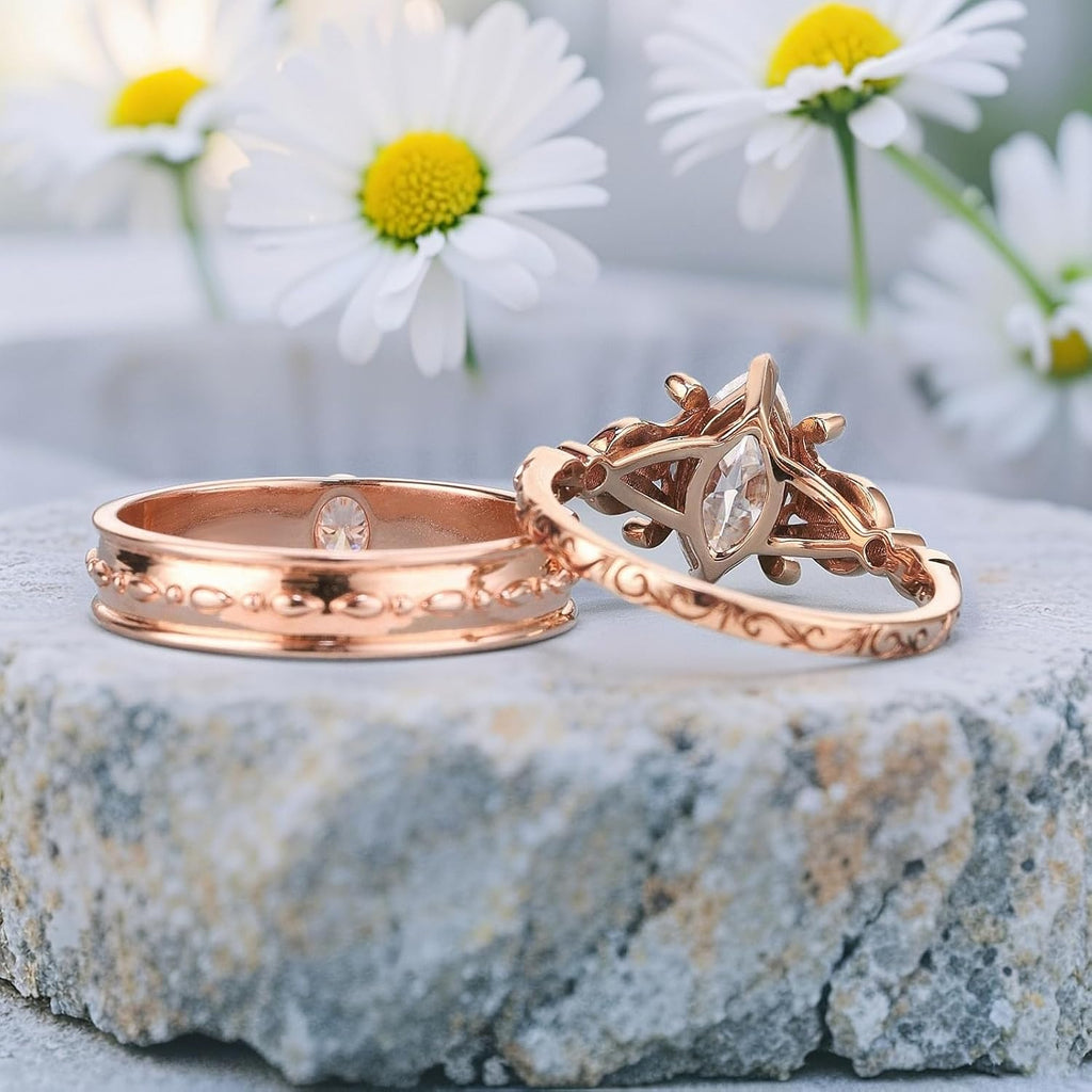 SISGEM Moissanite Couple Rings Set, 10K 14K 18K Solid Gold Moissanite Wedding Rings for Him And Her, Vintage Leaf/Branch Wedding Bands Matching Couple Rings Anniversary Jewelry Gift for Women And Men