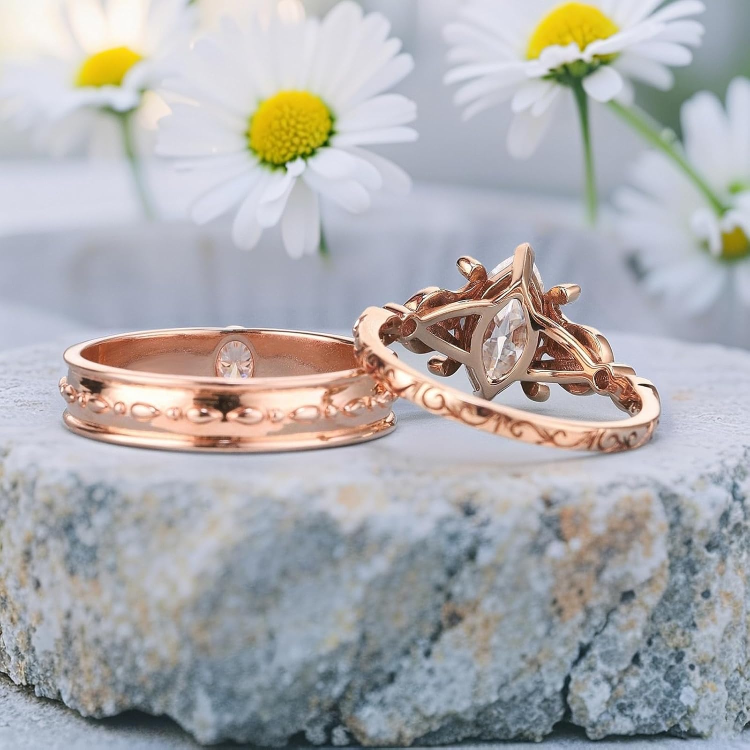 SISGEM Moissanite Couple Rings Set, 10K 14K 18K Solid Gold Moissanite Wedding Rings for Him And Her, Vintage Leaf/Branch Wedding Bands Matching Couple Rings Anniversary Jewelry Gift for Women And Men