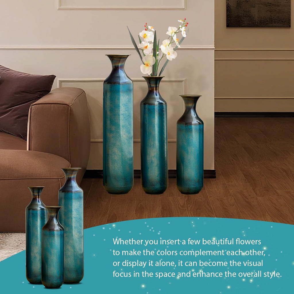 Floor Metal Decorated Vases Set of 3 for Gorgeous Home Decoration Large Glazed Metal Vases (Aqua Blue)