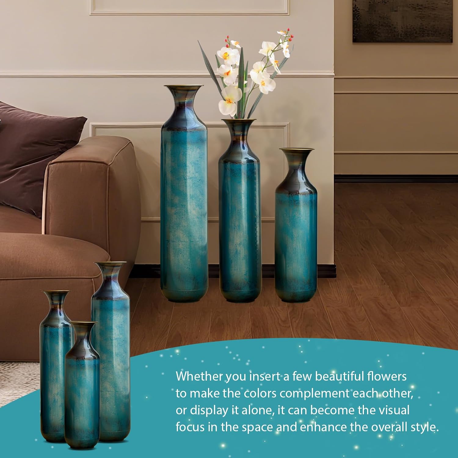 Floor Metal Decorated Vases Set of 3 for Gorgeous Home Decoration Large Glazed Metal Vases (Aqua Blue)