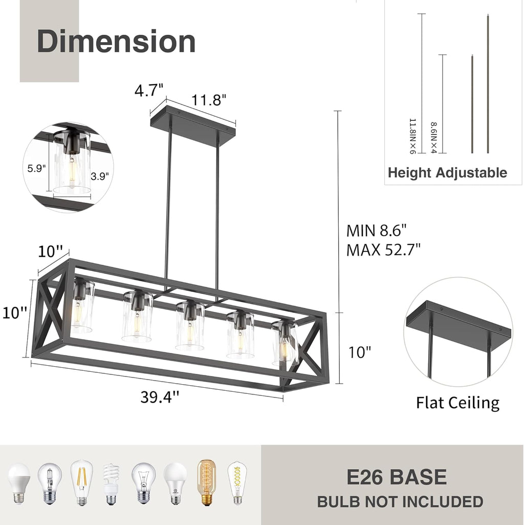 Farmhouse Dining Room Light Fixture - 5 Light Matte Black Rectangle Light Fixture with Adjustable Height & Thickened Metal Dining Table Fixture Chandeliers for Dining Room&Kitchen Island