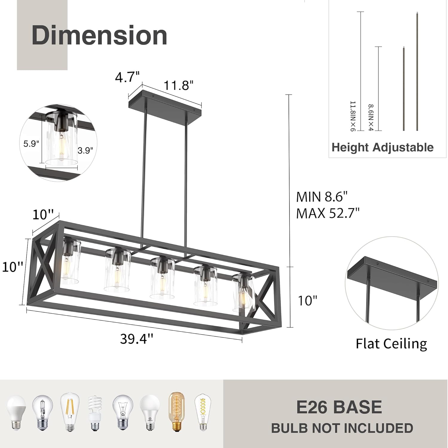 Farmhouse Dining Room Light Fixture - 5 Light Matte Black Rectangle Light Fixture with Adjustable Height & Thickened Metal Dining Table Fixture Chandeliers for Dining Room&Kitchen Island