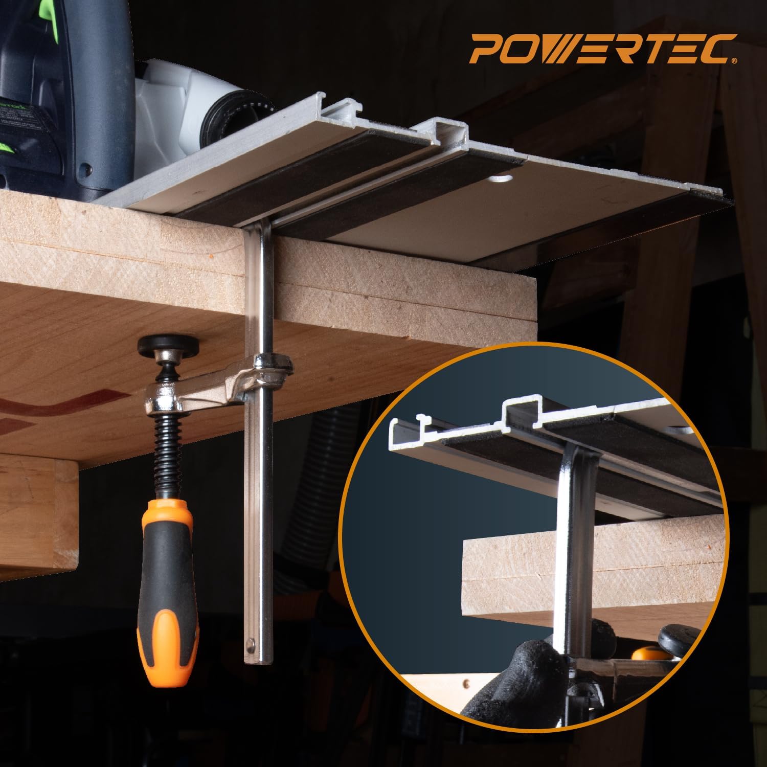 POWERTEC 110' Track Saw Guide Kit for DeWalt, Includes 2PK 55' Guide Rails, 1PK Guide Rail Connector, and 2PK 5-3/8' Track Saw Clamps (72060)