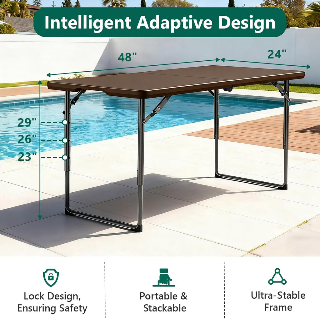 2 Pack Folding Table, 4FT Foldable Picnic Table with Adjustable Height, Heavy Duty Fold-in-Half Portable Table for Weddings, Camping, RV Travel, Parties, BBQs, Easy to Fold and Store, Brown